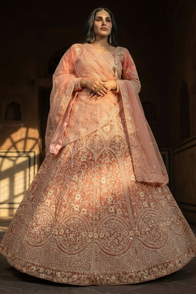 Blush Pink Embroidered Net Lehenga Set