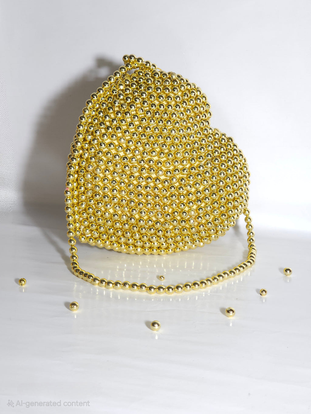 Gold heart-shaped handbag with chain strap on a white background