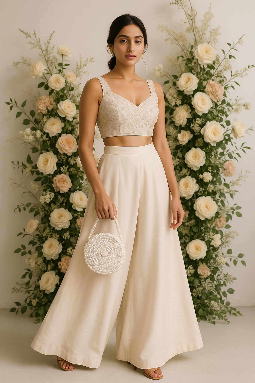 Woman in a white outfit standing in front of floral decorations
