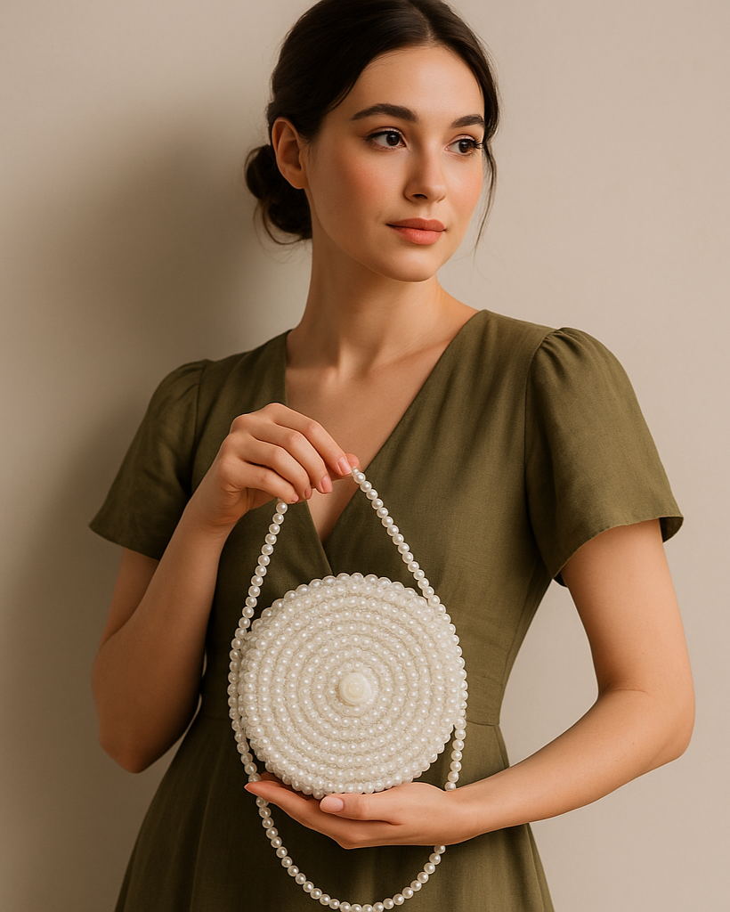 Woman holding a white beaded handbag against a beige background