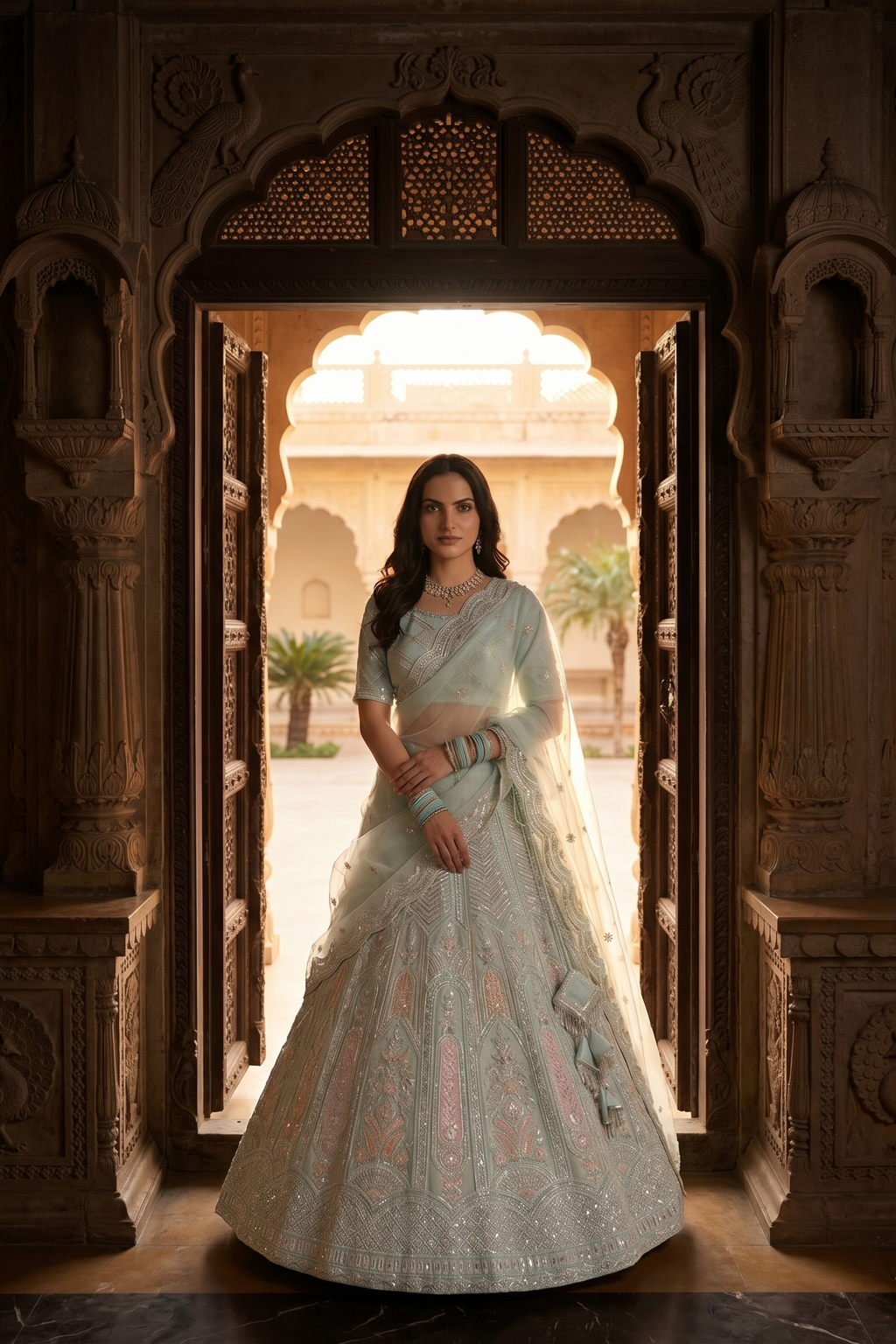 Ice Blue Embroidered Lehenga Set