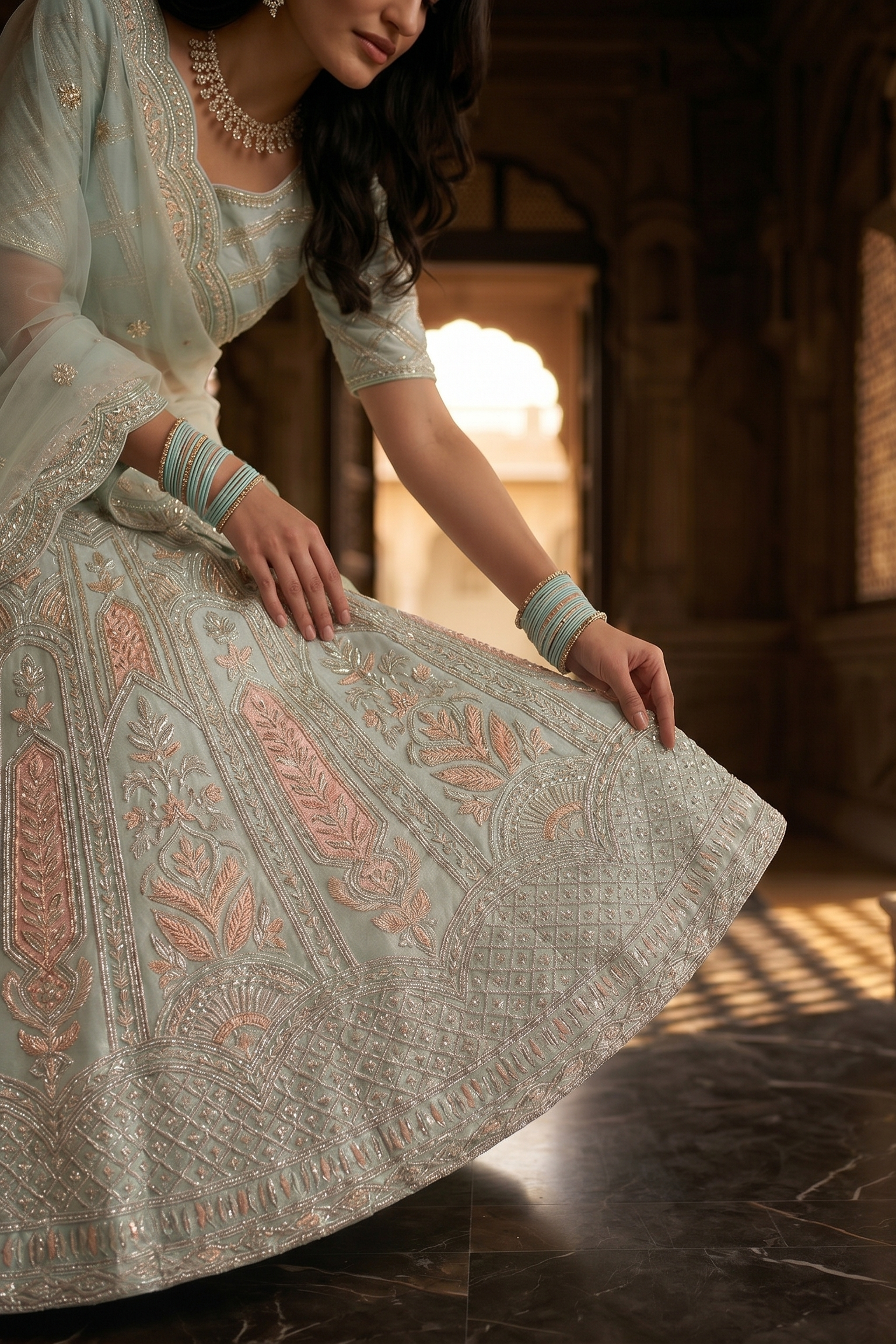 Ice Blue Embroidered Lehenga Set