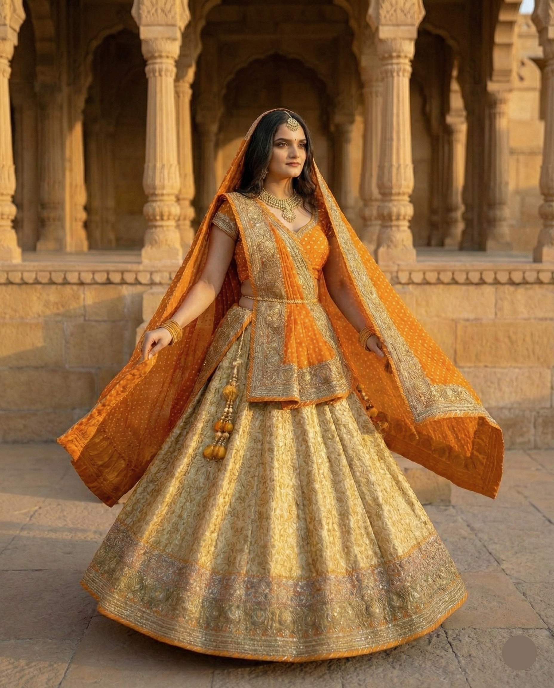 ✨ Golden Kesari Lehenga Saree