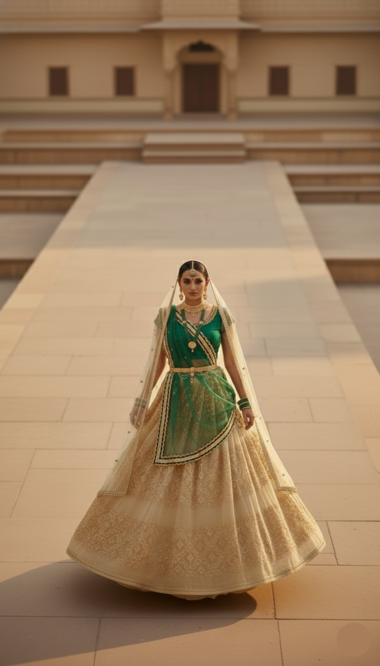 Woman in a green and gold traditional outfit standing in front of a building with steps.