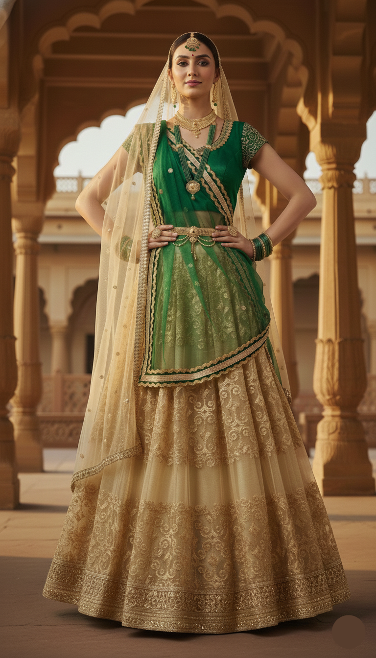Woman in traditional green and gold outfit with jewelry, standing in a decorative architectural setting.