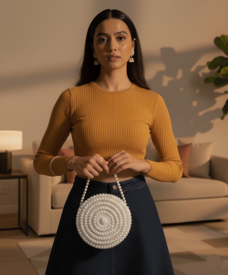 Woman holding a white round handbag with pearls in a living room setting