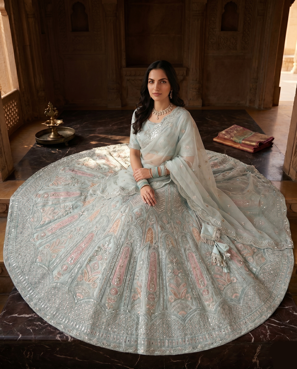 Ice Blue Embroidered Lehenga Set