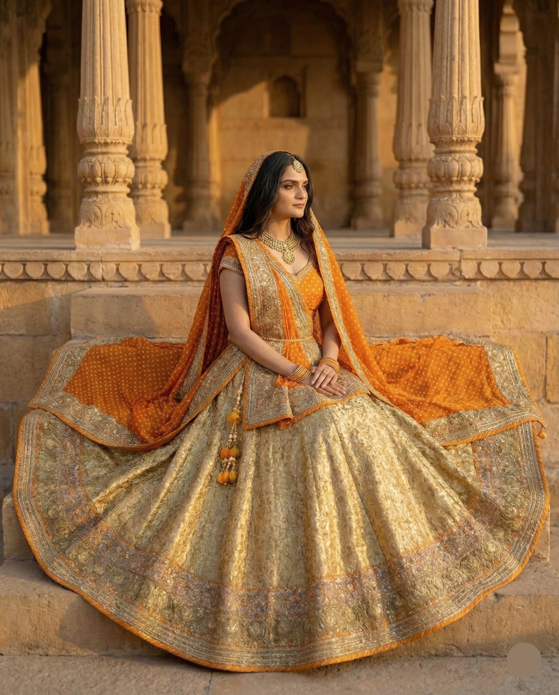 ✨ Golden Kesari Lehenga Saree