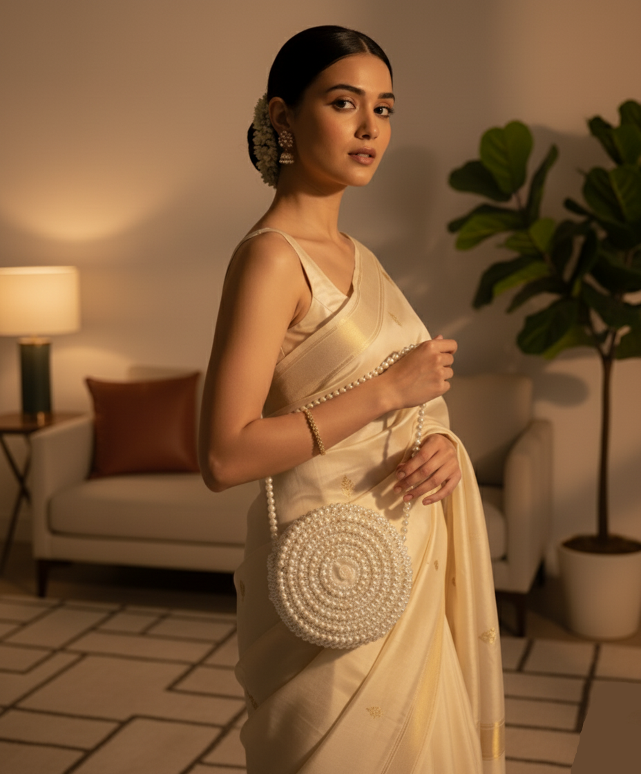 Woman in a beige saree holding a beaded handbag in a room with a couch and plant.