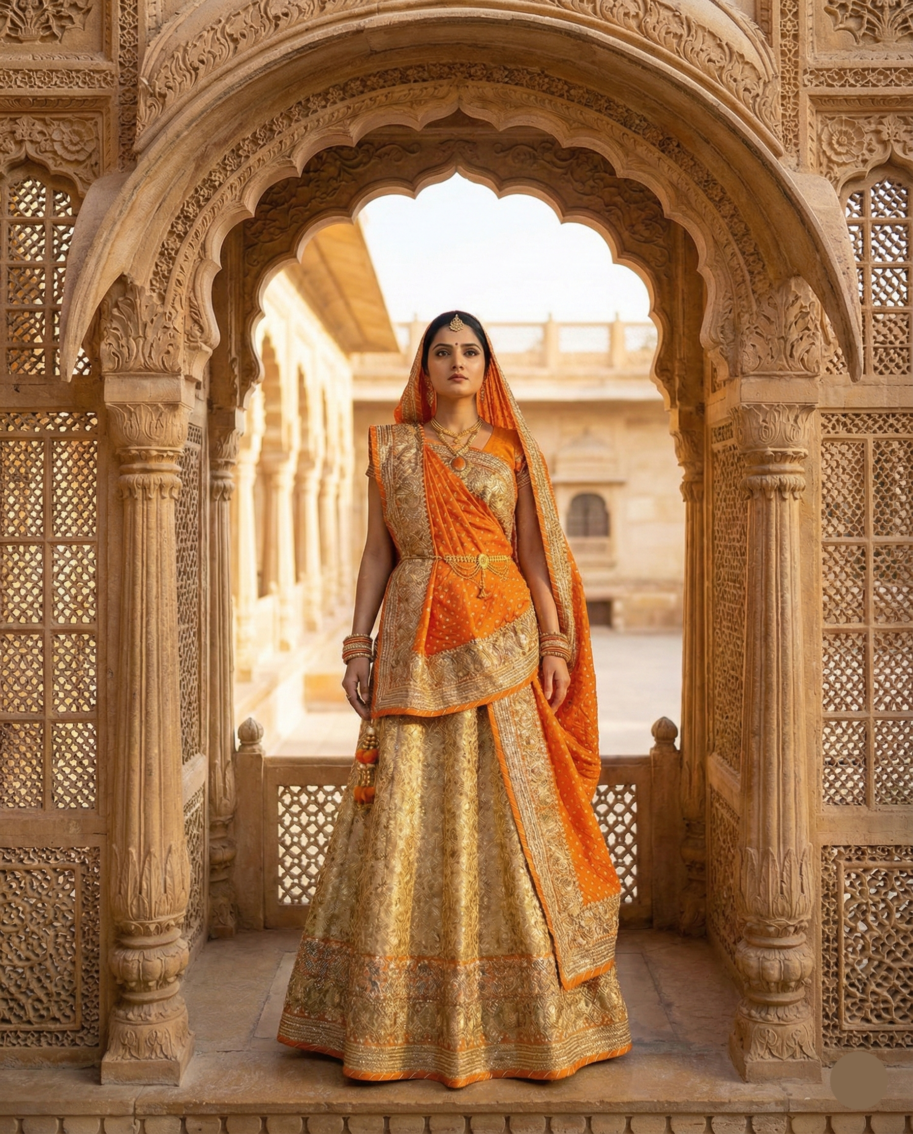 ✨ Golden Kesari Lehenga Saree