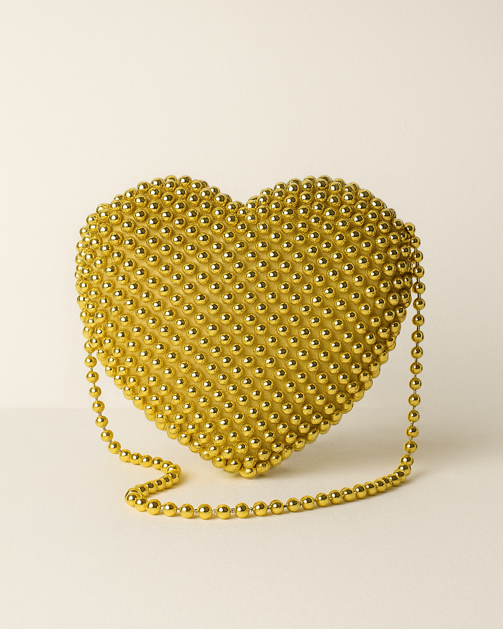 Gold heart-shaped handbag with chain strap on a beige background