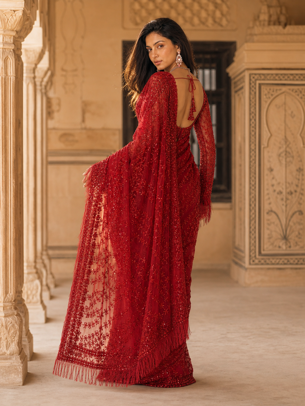 Ruby Bloom Embellished Saree ❤️