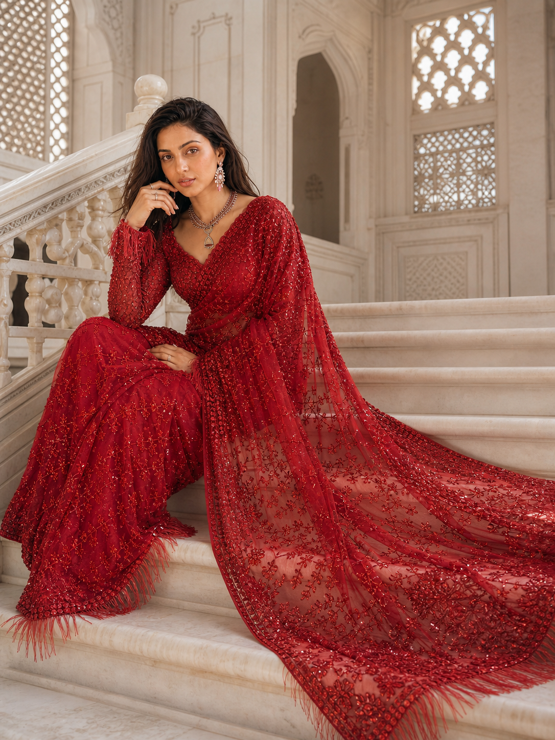Ruby Bloom Embellished Saree ❤️