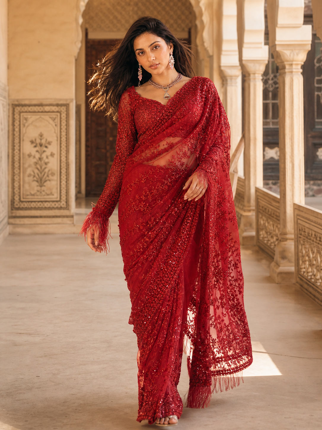 Ruby Bloom Embellished Saree ❤️