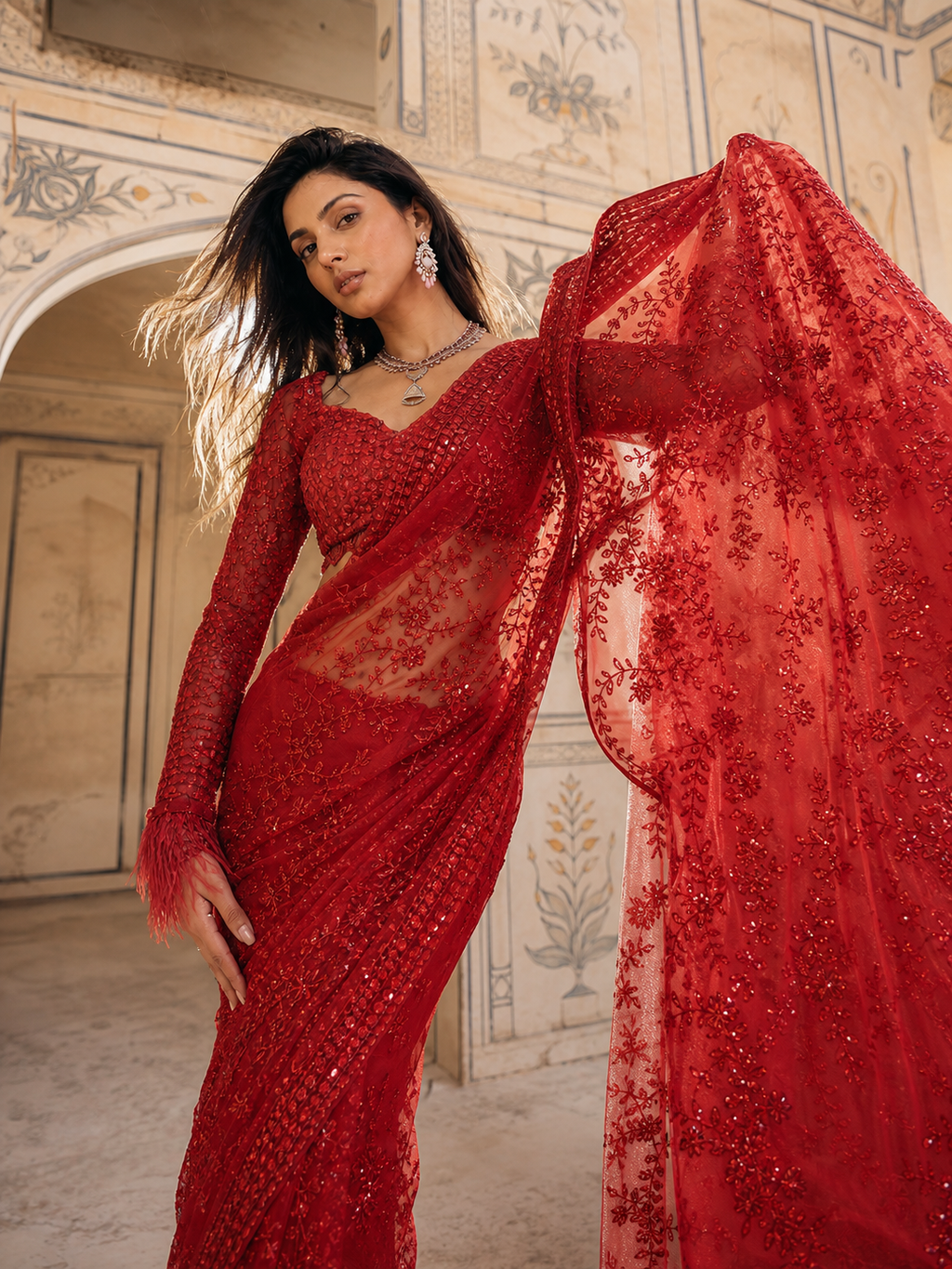 Ruby Bloom Embellished Saree ❤️
