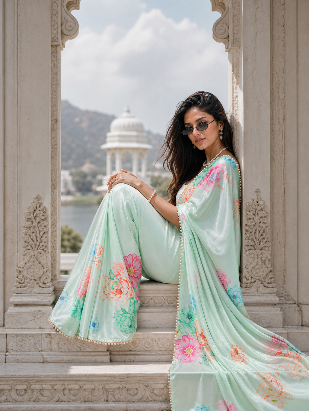 Mint Reverie Satin Saree