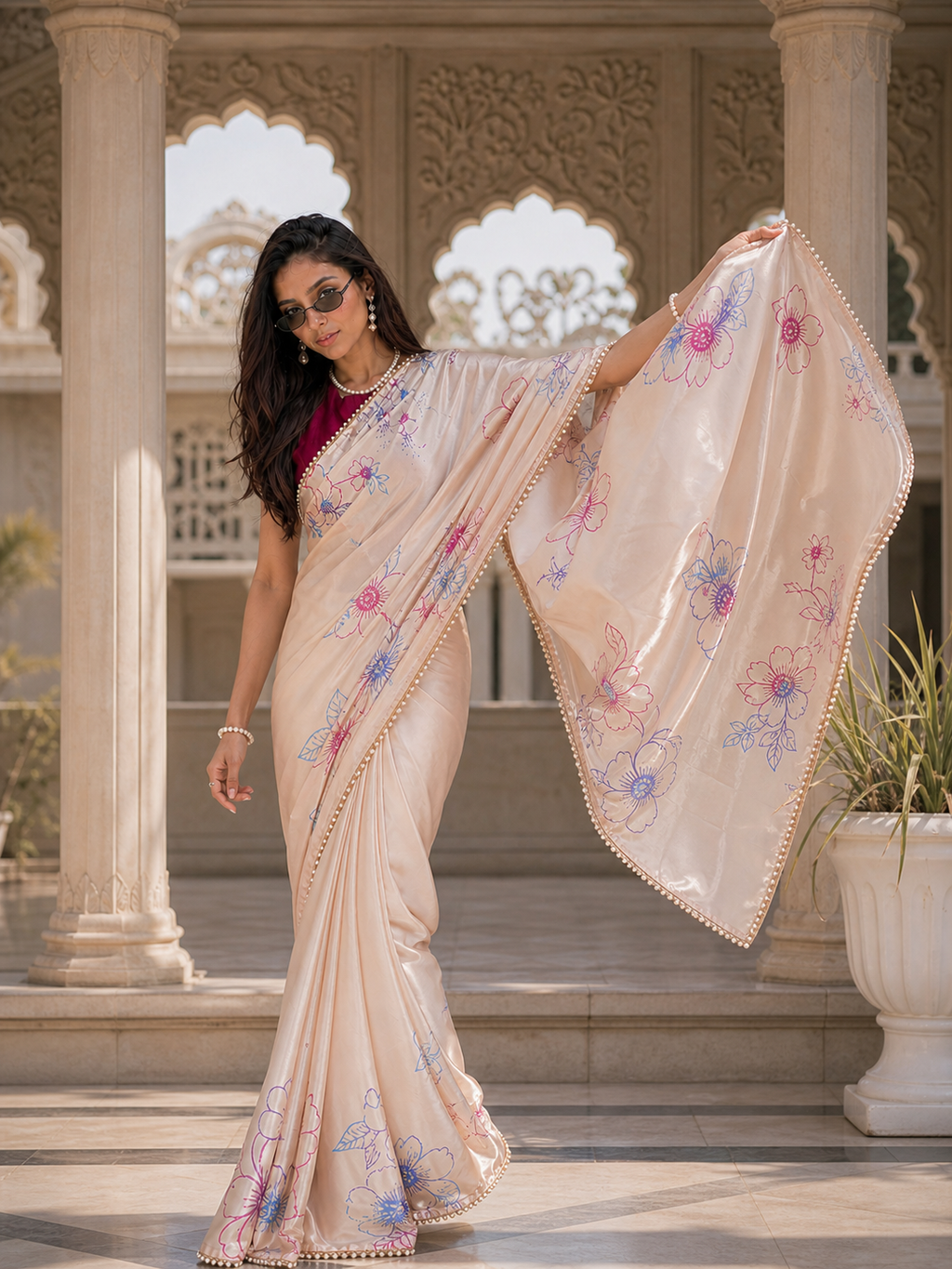 Champagne Petals Satin Saree