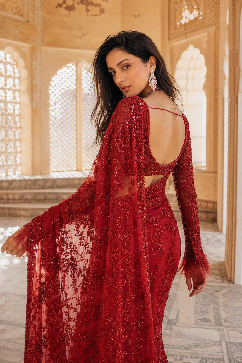 Ruby Bloom Embellished Saree ❤️
