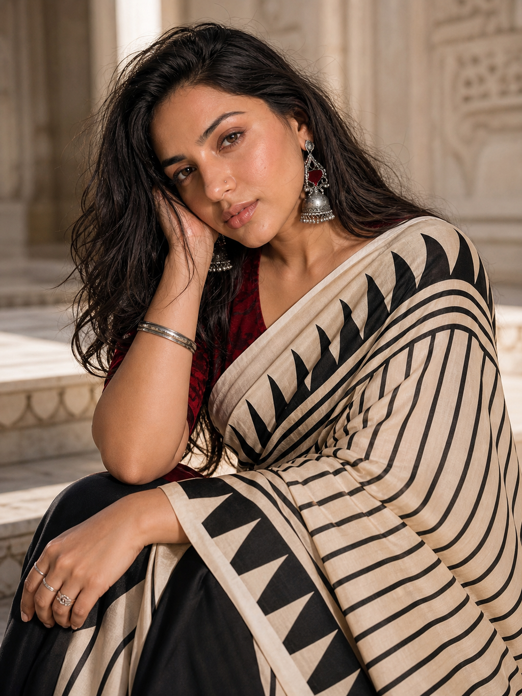 Ivory Noir Satin Saree