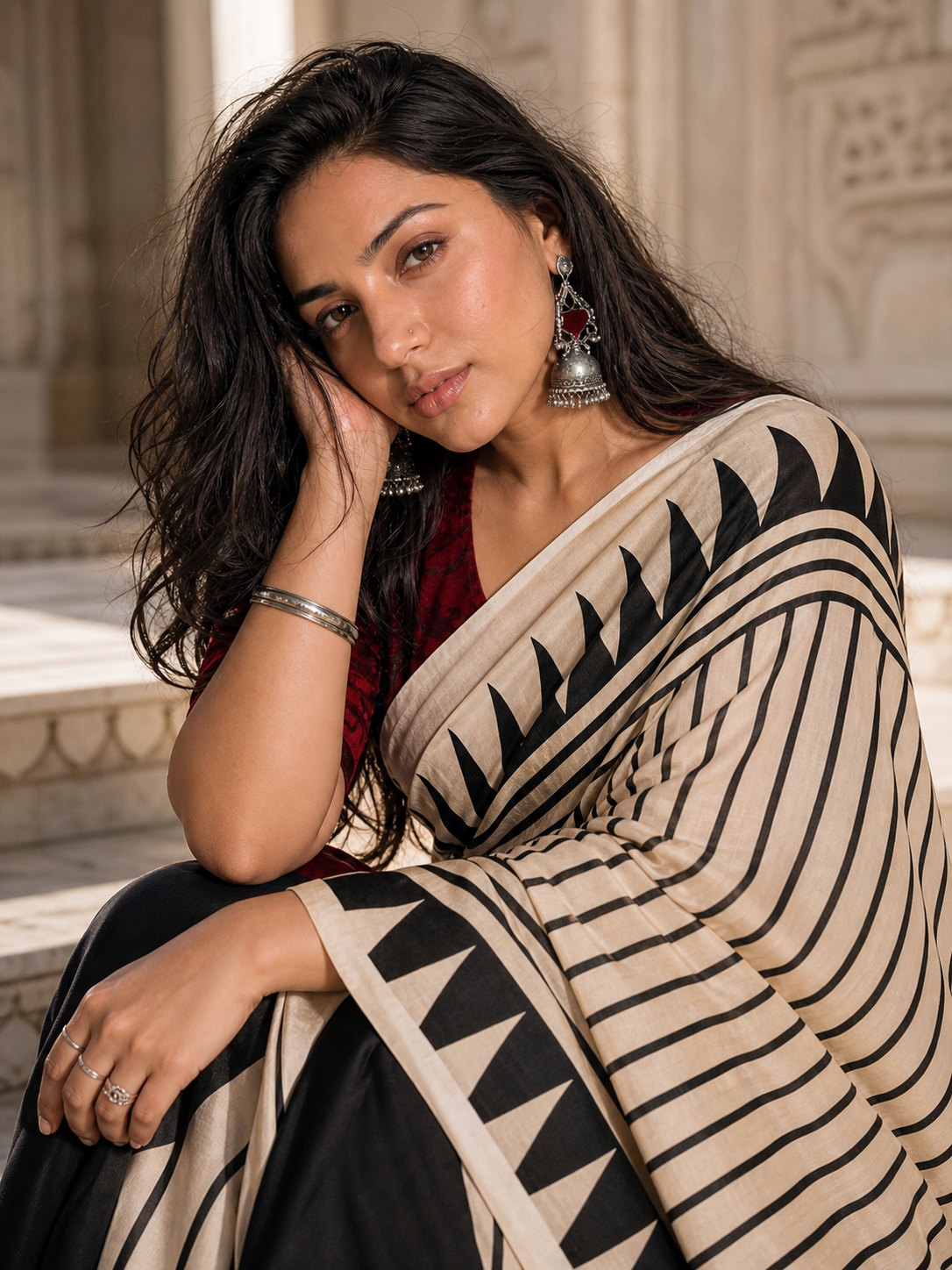 Ivory Noir Satin Saree