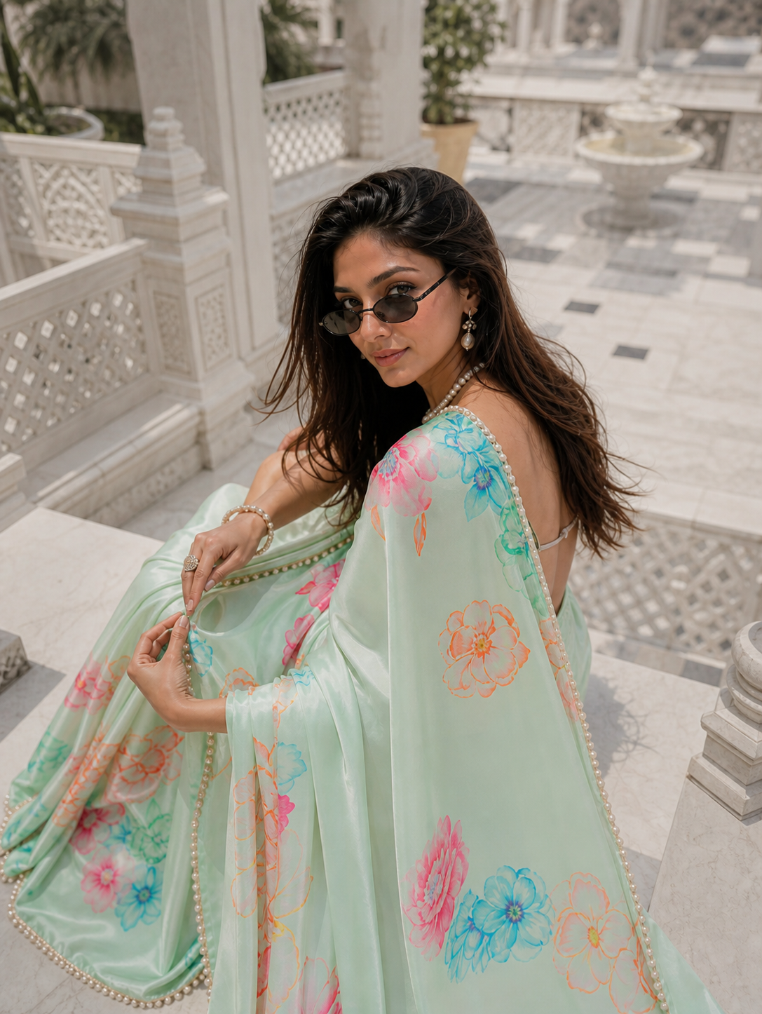 Mint Reverie Satin Saree