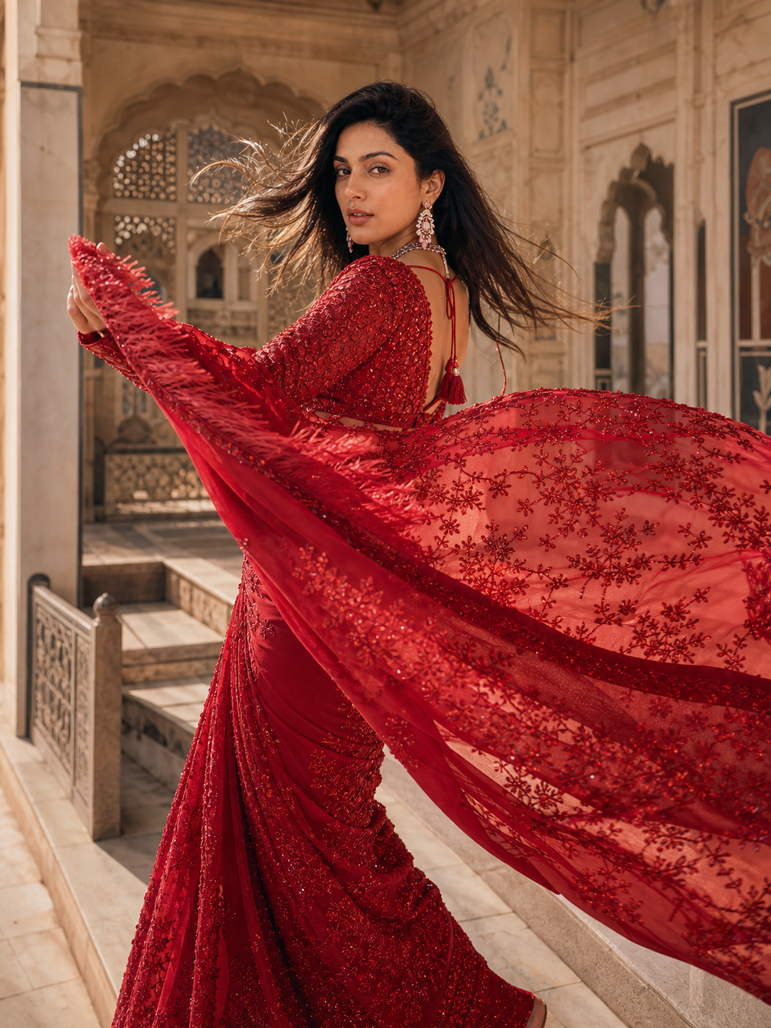 Ruby Bloom Embellished Saree ❤️