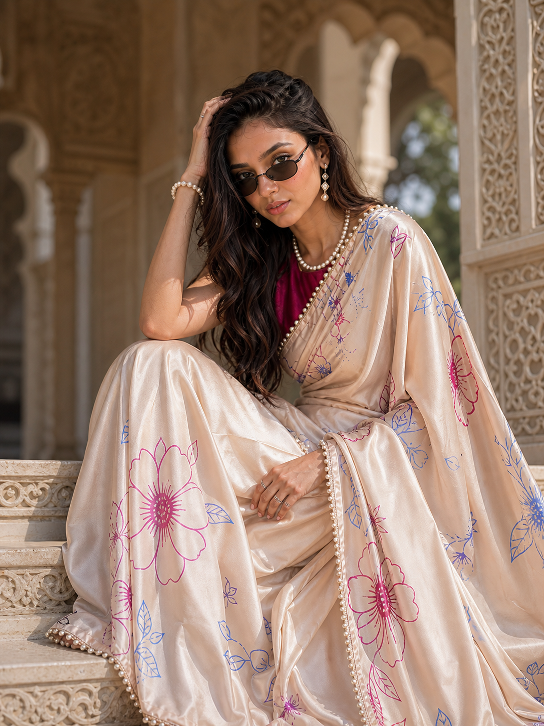 Champagne Petals Satin Saree