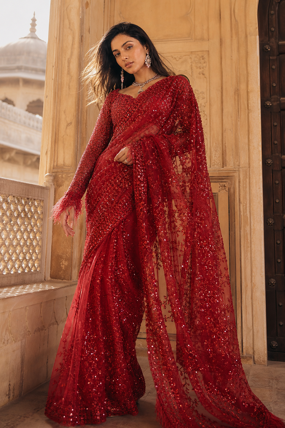 Ruby Bloom Embellished Saree ❤️
