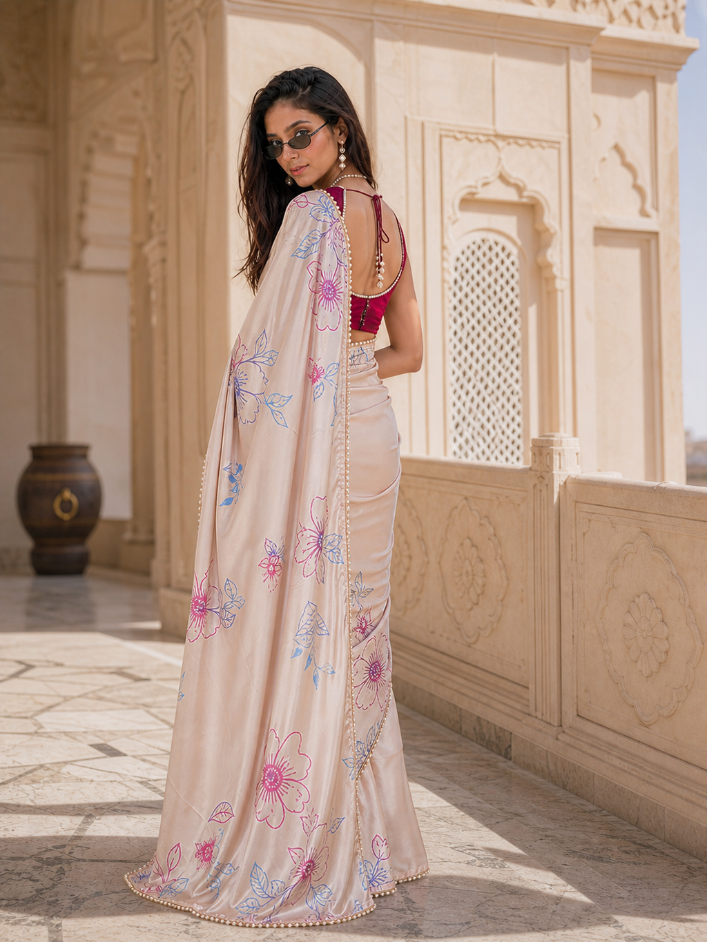 Champagne Petals Satin Saree
