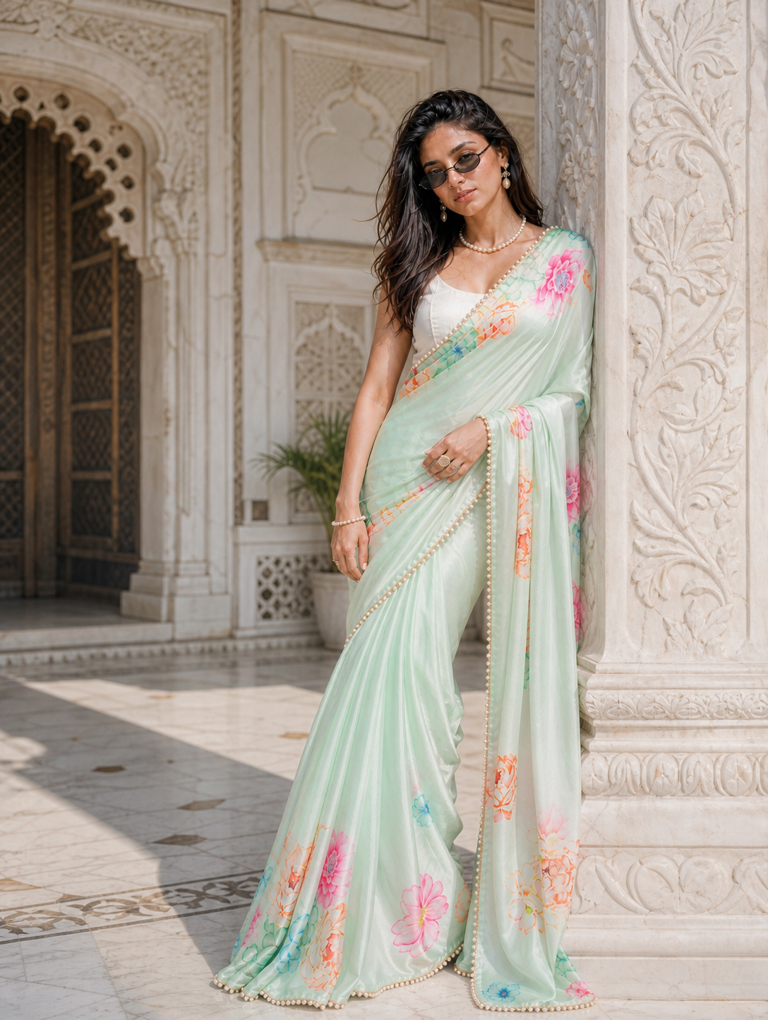 Mint Reverie Satin Saree