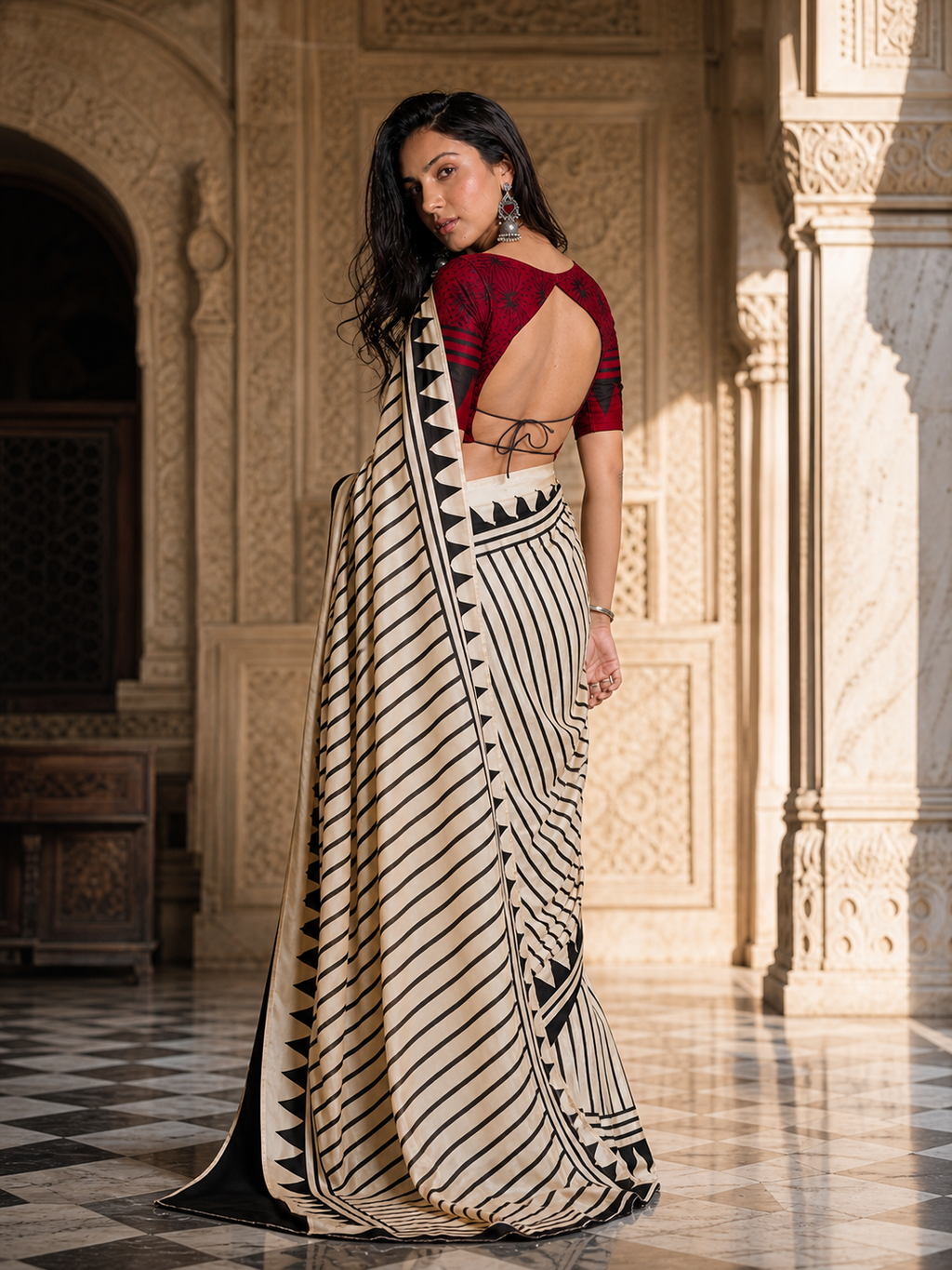 Ivory Noir Satin Saree