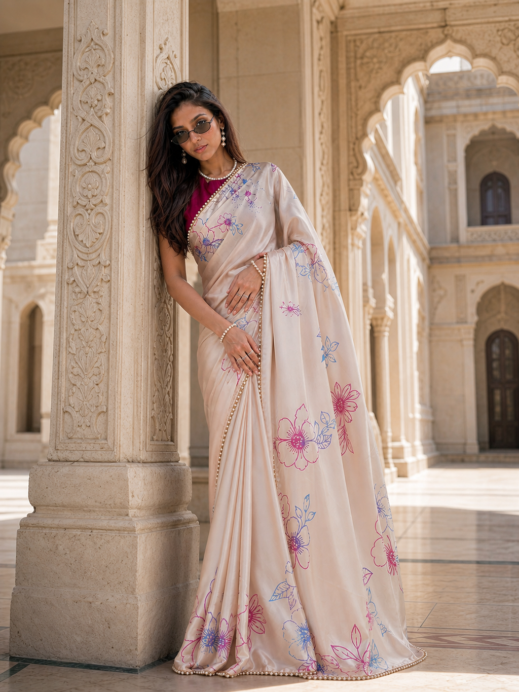 Champagne Petals Satin Saree