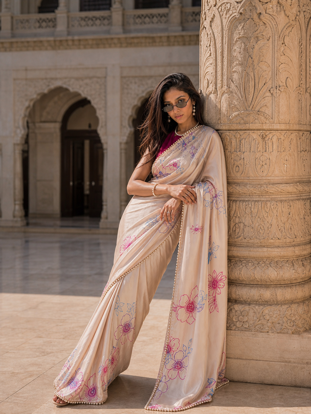 Champagne Petals Satin Saree