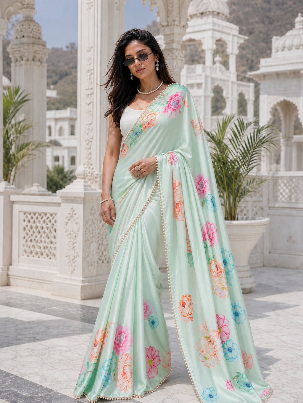 Mint Reverie Satin Saree