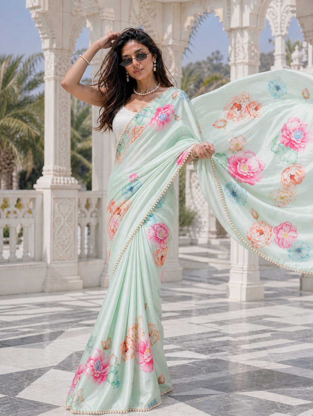 Mint Reverie Satin Saree