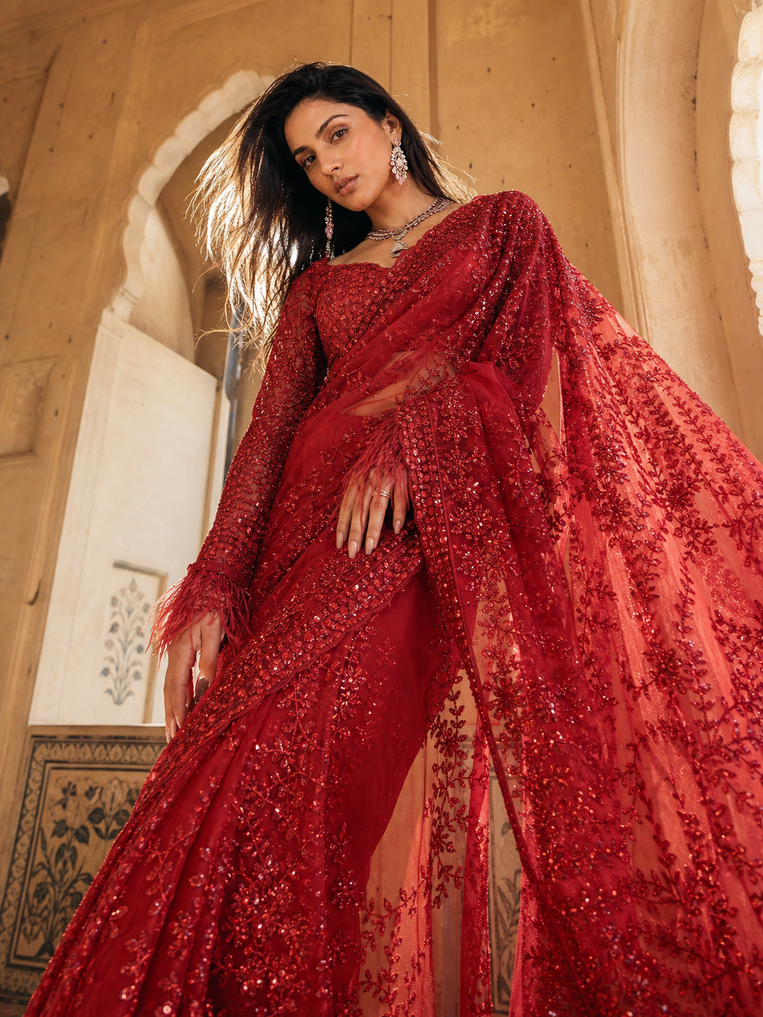 Ruby Bloom Embellished Saree ❤️