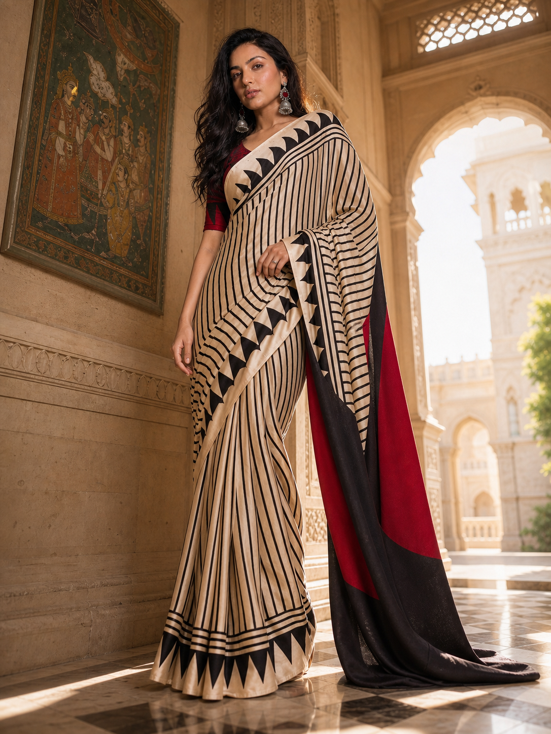 Ivory Noir Satin Saree