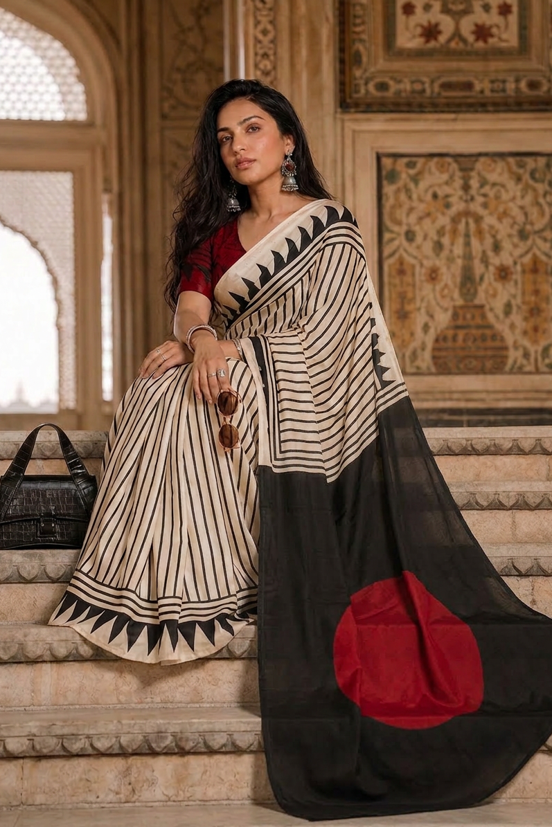 Ivory Noir Satin Saree