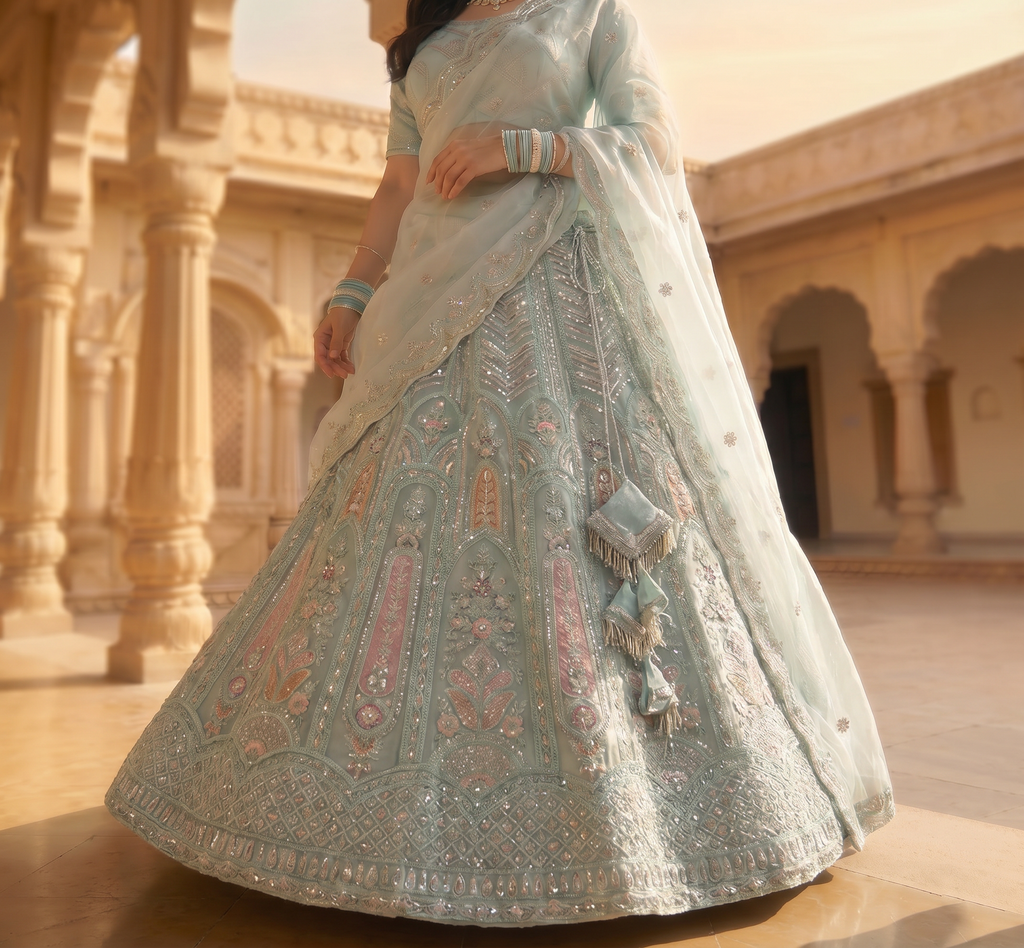 Ice Blue Embroidered Lehenga Set