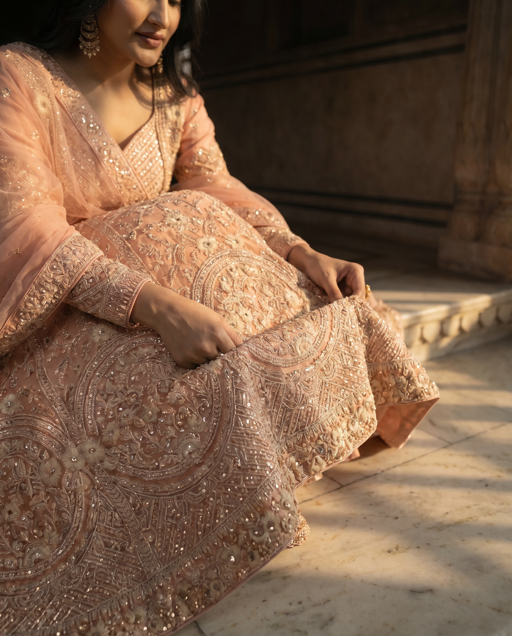 Blush Pink Embroidered Net Lehenga Set
