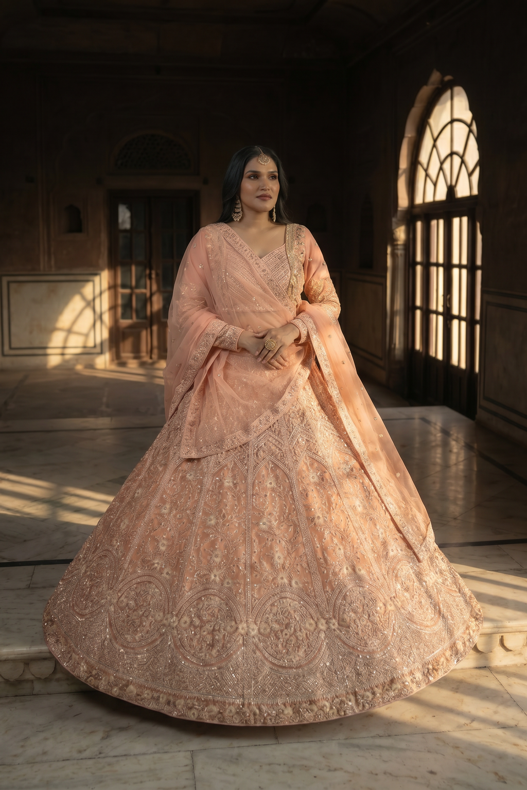 Blush Pink Embroidered Net Lehenga Set