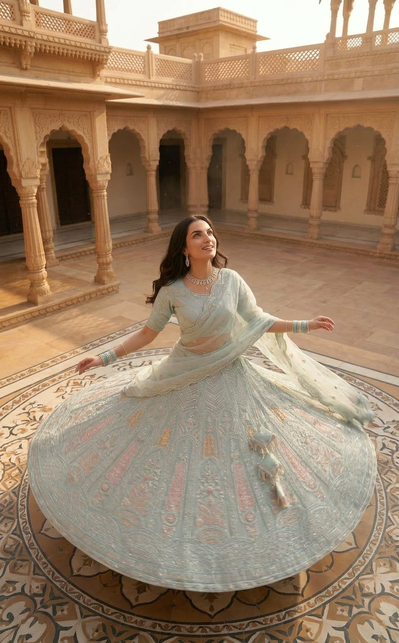 Ice Blue Embroidered Lehenga Set