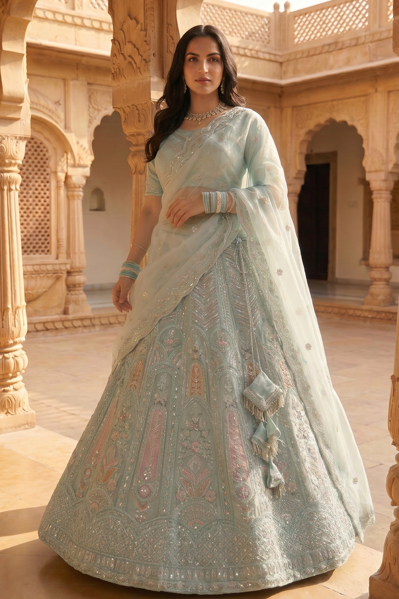 Ice Blue Embroidered Lehenga Set