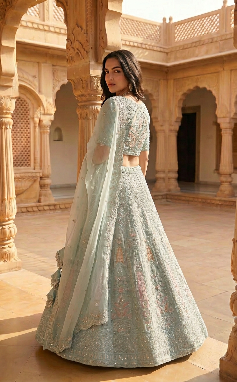 Ice Blue Embroidered Lehenga Set